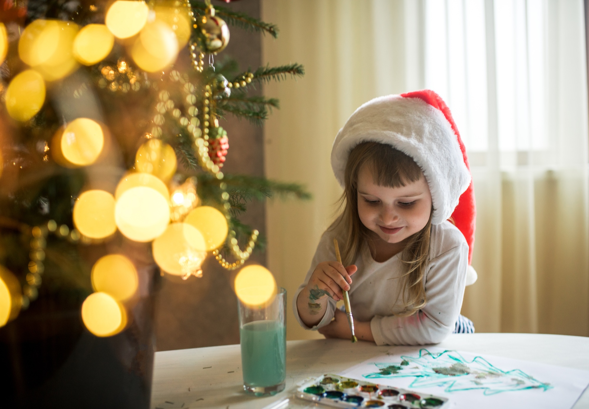 at home, girl, child, christmas, tree, draws, hand-made, new year, santa claus, cozy