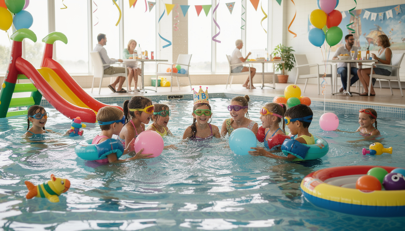 organisez une fête inoubliable pour enfants dans une piscine couverte avec des activités ludiques et adaptées aux petits pour des moments de joie et de baignade en toute sécurité.
