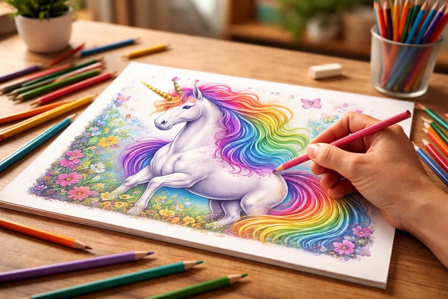 découvrez le coloriage d'une licorne arc en ciel, une activité relaxante idéale pour les adultes cherchant à réduire le stress et stimuler leur créativité.