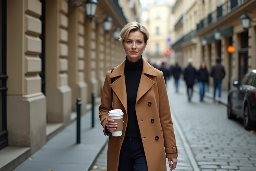 Femme publique préservant son intimité familiale dans les rues de Paris, allure déterminée et discrète