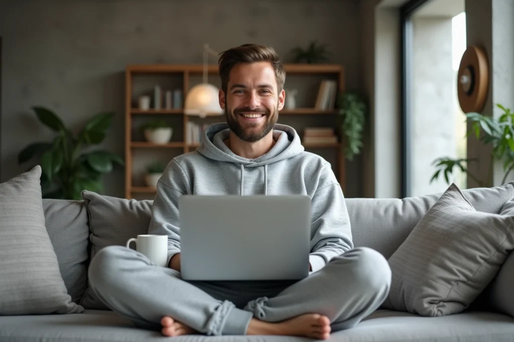 Jeune homme détendu travaillant sur son ordinateur portable chez lui, représentant le quotidien et la vie privée dévoilée sur les réseaux sociaux