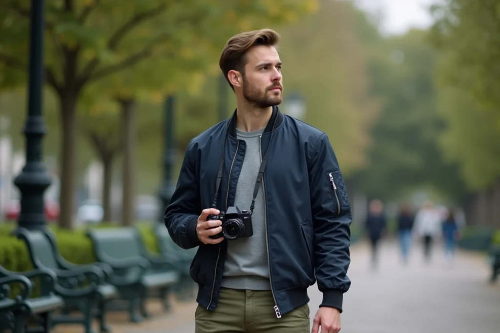 Homme tenant un appareil photo dans un parc urbain, évoquant les coulisses de la vie personnelle d'un personnage public sur les réseaux sociaux