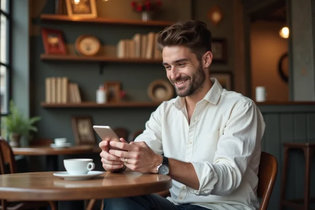 Jeune homme souriant consultant son smartphone dans un café parisien, illustrant la vie privée partagée sur les réseaux sociaux