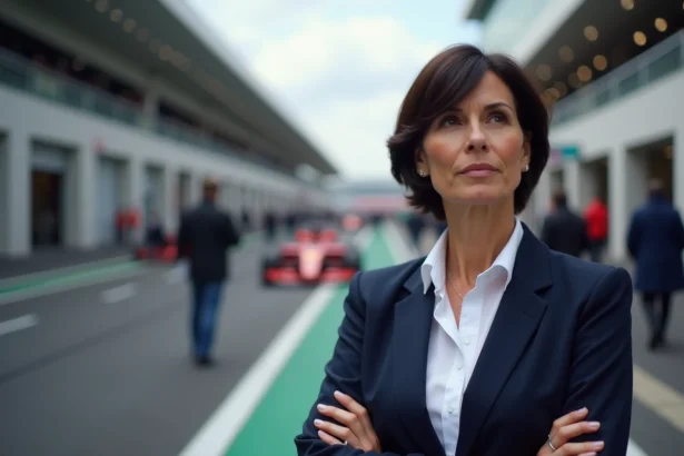Margot Laffite dans les coulisses du monde du sport automobile, incarnant discrétion et élégance professionnelle