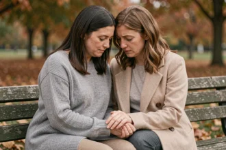 Deux amies se tenant les mains sur un banc en bois dans un parc en automne, geste de réconfort et de soutien lors d'un deuil