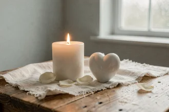 Bougie blanche de deuil posée sur une table en bois avec un cœur en céramique et des pétales de rose séchés, atmosphère apaisante de recueillement