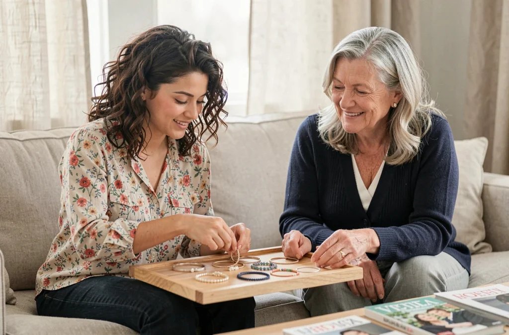 Deux femmes comparant plusieurs bracelets délicats posés sur un plateau en bois dans un salon cosy, scène conviviale illustrant le choix d'un bracelet cadeau pour une marraine