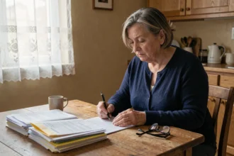 Veuve âgée remplissant des formulaires administratifs à la table de sa cuisine après un décès