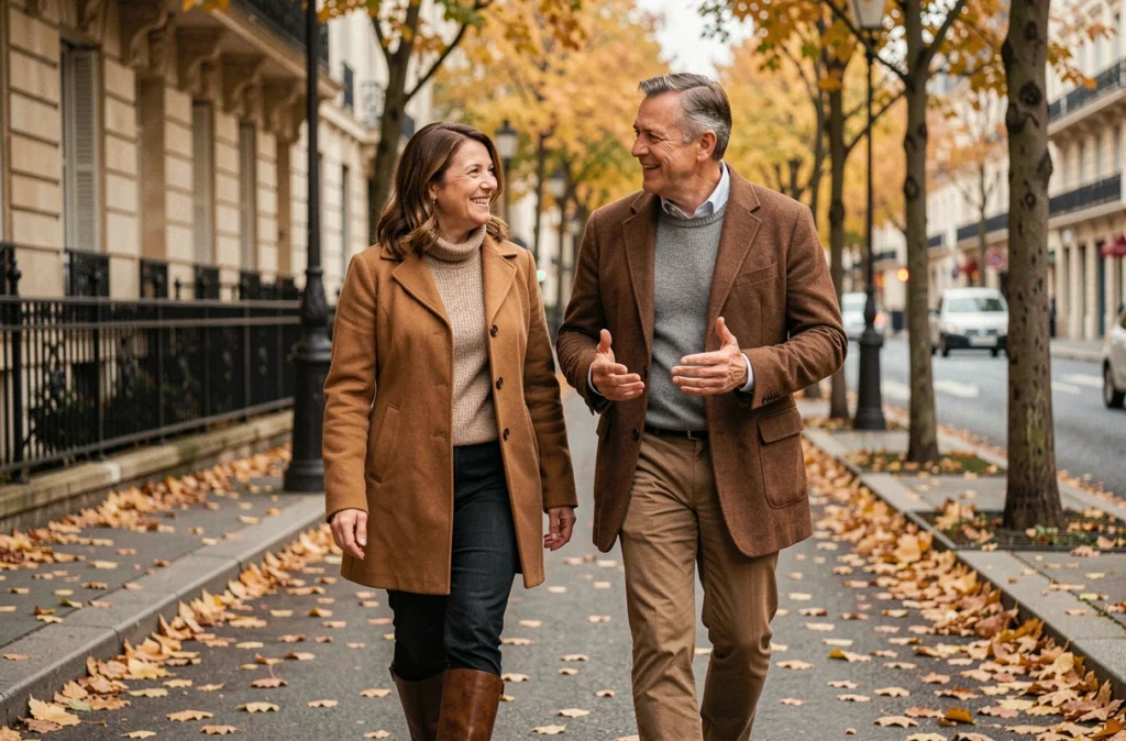 Couple complice se promenant sur un boulevard parisien en automne, feuilles dorées au sol