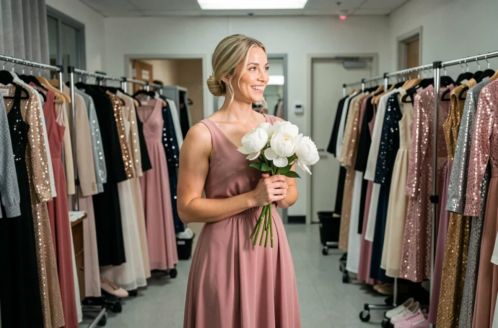 Danseuse professionnelle blonde en robe rose dans les coulisses d'un plateau de télévision, tenant un bouquet de pivoines blanches, évoquant la transition vers la maternité