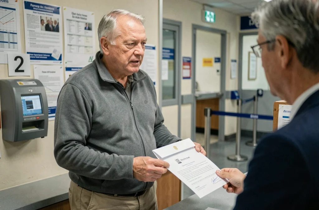 Homme âgé déposant une déclaration de décès à la CPAM dans un bureau administratif