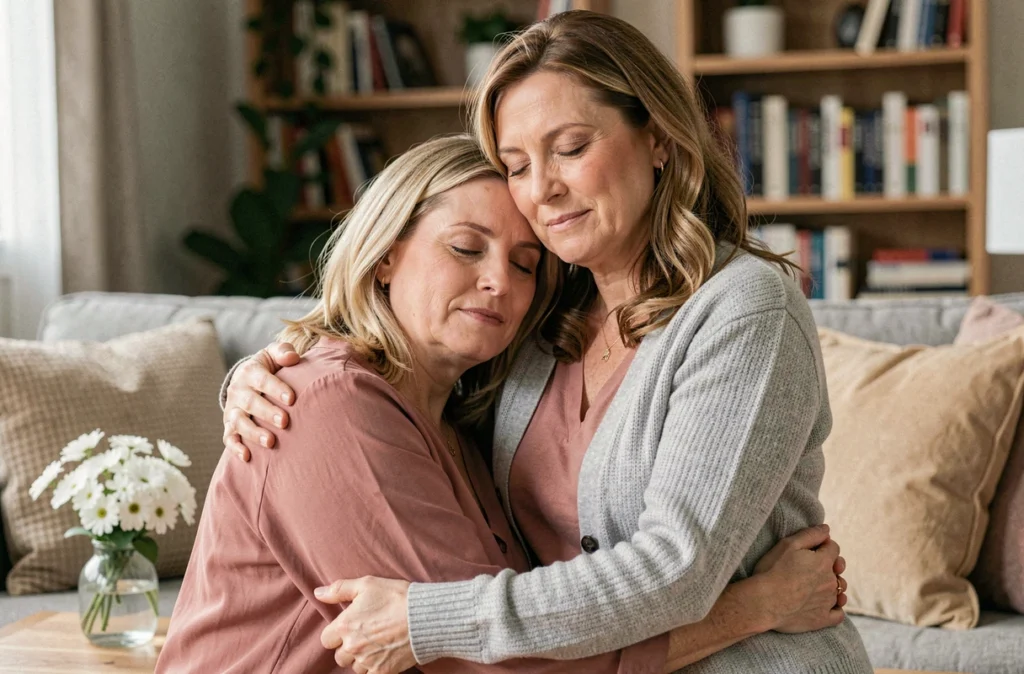 Deux amies s'enlaçant tendrement dans un salon confortable, moment d'émotion partagée et de soutien sincère face au deuil