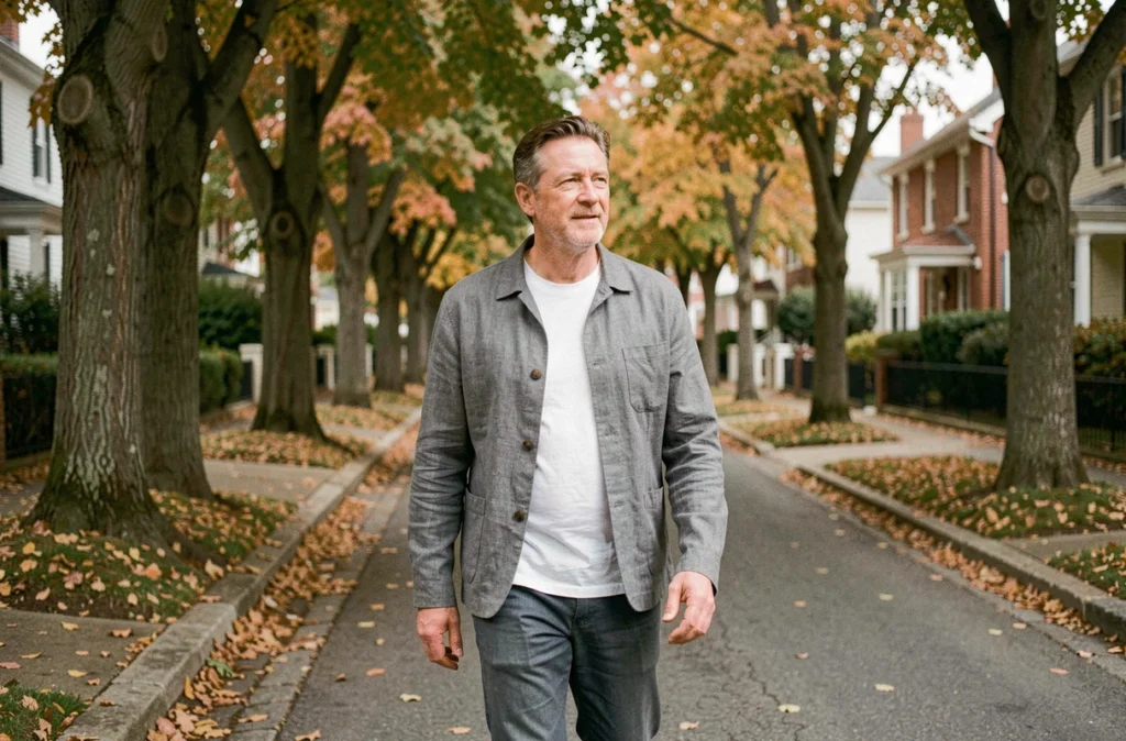 Homme marchant seul dans une rue résidentielle en automne, illustrant la discrétion et la vie familiale préservée d'une personnalité publique