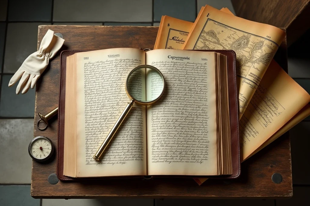 Nature morte de documents généalogiques anciens avec registre manuscrit, loupe et carte historique pour rechercher l'ancien nom d'un village