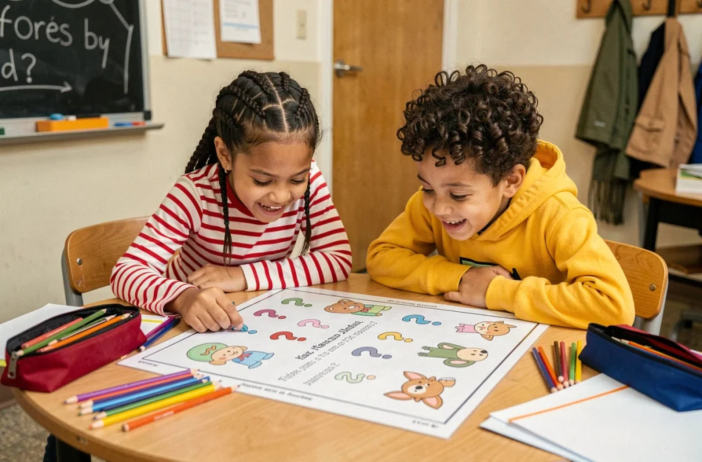 Deux fillettes en train de lire une fiche de devinettes illustrées à une table de classe