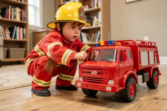 Jeune garçon en costume de pompier jouant avec un camion de pompier jouet rouge sur le plancher en bois d'un salon chaleureux