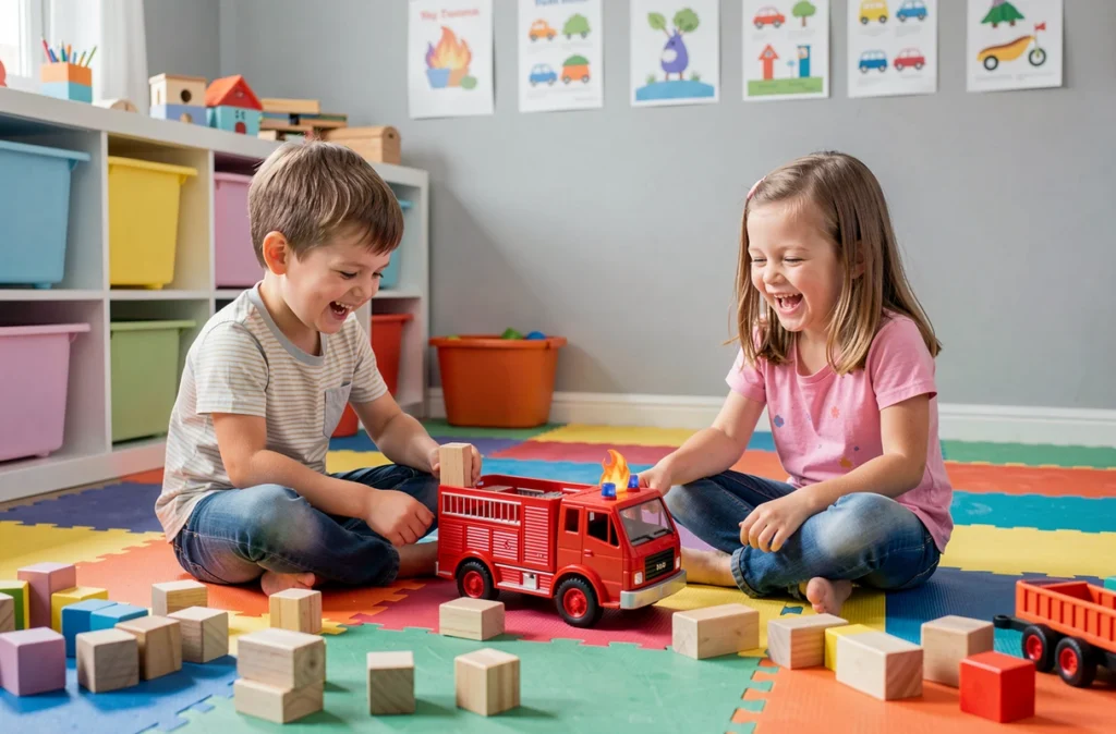 Deux enfants jouant ensemble avec un camion de pompier jouet et des blocs en bois pour construire une caserne de pompiers dans une salle de jeux colorée