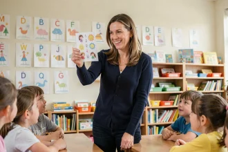 Enseignante tenant une carte de devinette colorée devant des élèves attentifs en classe primaire