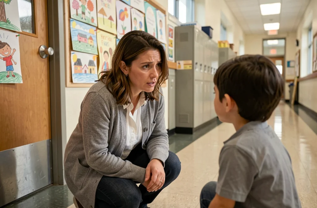 Enseignante d'école primaire discutant avec un élève dans un couloir scolaire, illustrant le rôle de l'école dans la protection de l'enfant