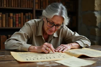 Femme consultant d'anciens registres paroissiaux dans une salle d'archives pour retrouver l'ancien nom d'un village en généalogie