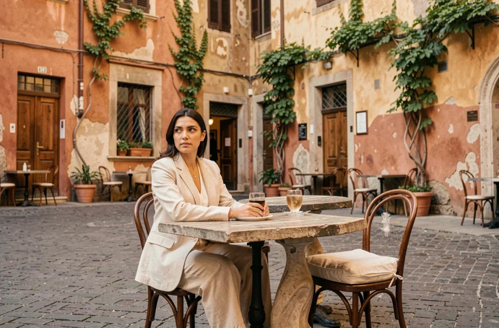 Jeune femme aux racines italiennes assise dans une piazza italienne authentique, ambiance voyage éditorial