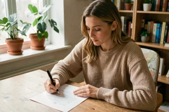 Femme rédigeant une attestation d'hébergement à la main dans un bureau à domicile