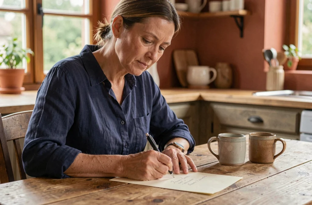 Femme écrivant un message de condoléances manuscrit à une table en bois dans une cuisine chaleureuse, moment de recueillement et de bienveillance