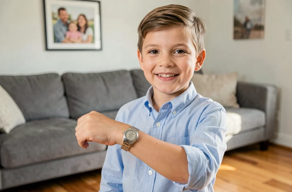 Enfant de sept ans en chemise bleue montrant sa gourmette en argent gravée, illustrant le choix de longueur de bracelet pour les grands enfants