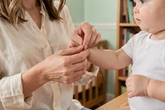 Mère attachant une gourmette dorée au poignet de son jeune enfant dans une chambre de bébé décorée en tons pastels