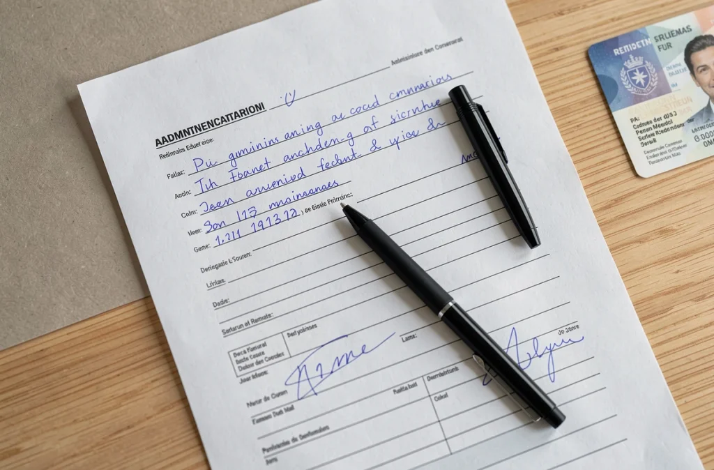 Gros plan d'une attestation d'hébergement remplie avec stylo et pièce d'identité sur une table
