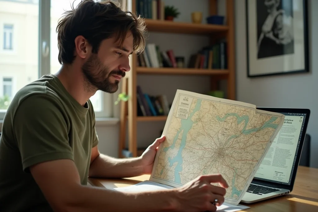 Homme comparant une ancienne carte cadastrale et une carte moderne pour identifier l'ancien nom d'un village lors de recherches généalogiques