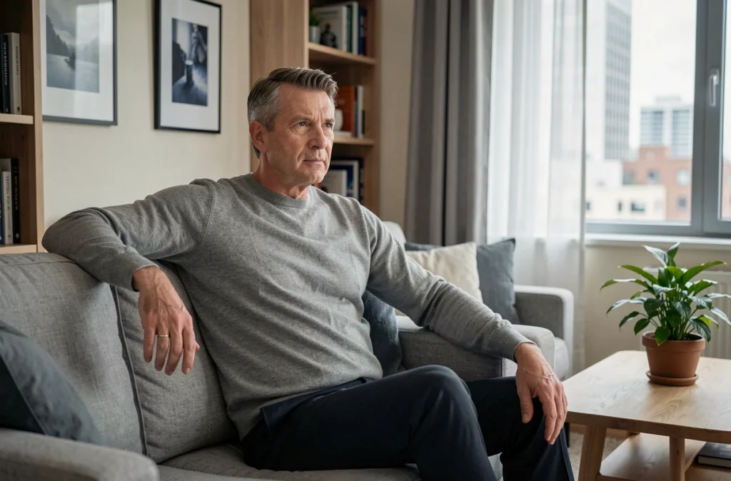 Homme d'âge mûr pensif assis dans un salon moderne, atmosphère intime et réflective