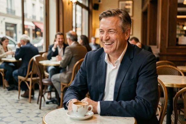 Humoriste français souriant attablé dans un café parisien, ambiance décontractée et chaleureuse