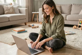 Jeune maman assise sur le sol consultant le site Aupremierplan.fr sur son ordinateur portable dans un salon familial cosy