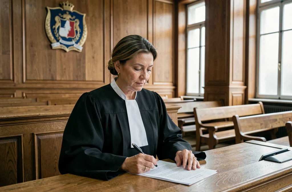 Juge aux affaires familiales en robe noire examinant un dossier de garde d'enfant dans une salle d'audience