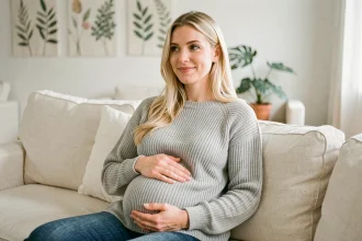 Katrina Patchett souriante et enceinte, assise sur un canapé en lin crème, tenant doucement son ventre arrondi dans un salon scandinave chaleureux
