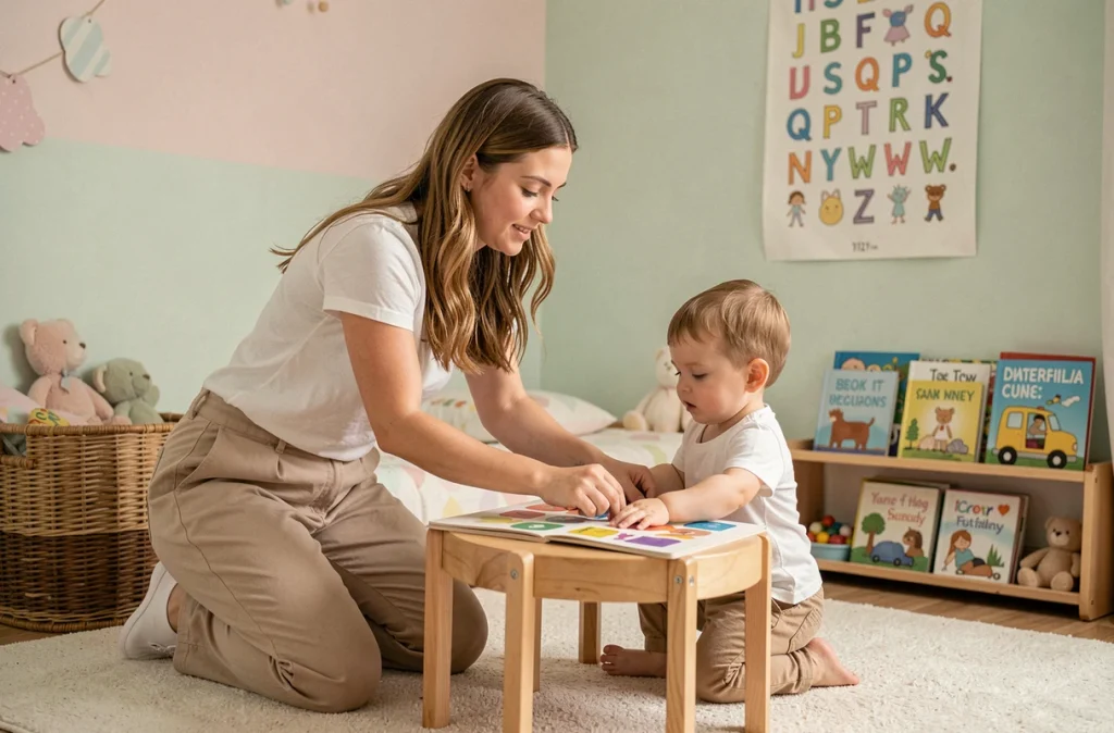 Jeune maman accompagnant son enfant dans une activité éducative dans une chambre d'enfant décorée avec soin