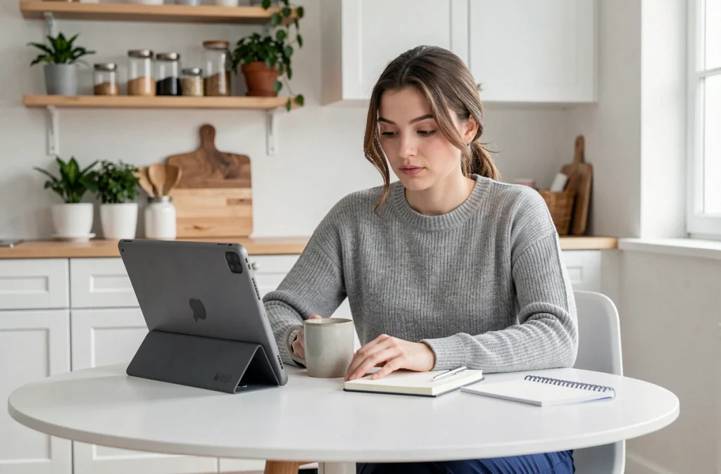 Maman trentenaire prenant des notes sur sa tablette en lisant un témoignage parental dans une cuisine moderne épurée