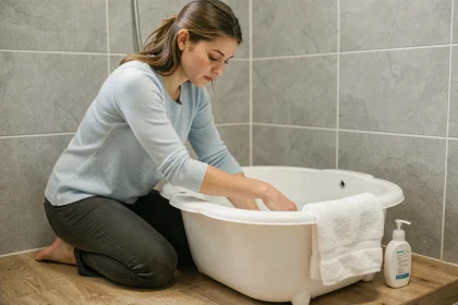 Jeune mère testant la température de l'eau du premier bain de son nouveau-né dans une salle de bain lumineuse et épurée