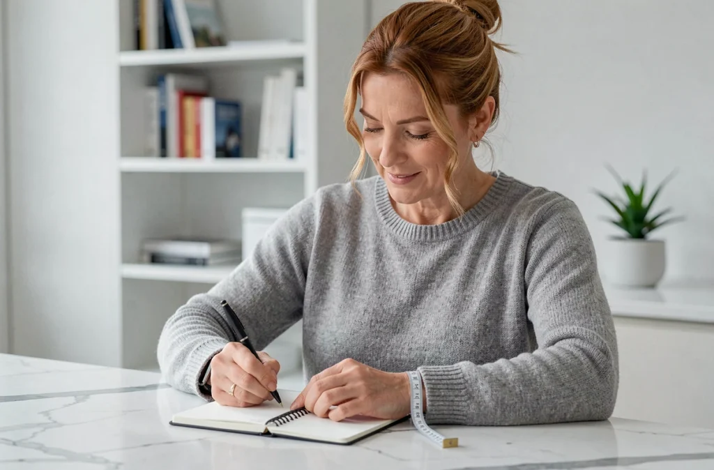 Femme mesurant discrètement son poignet avec un mètre ruban pour prendre la taille d'un bracelet surprise pour sa marraine, cadre minimaliste et moderne