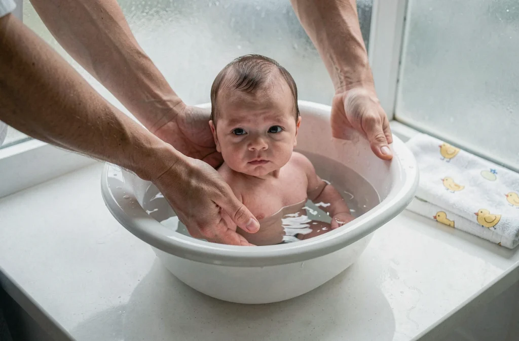 Nouveau-né installé délicatement dans le bain par des mains parentales bienveillantes, scène intime et rassurante du premier bain