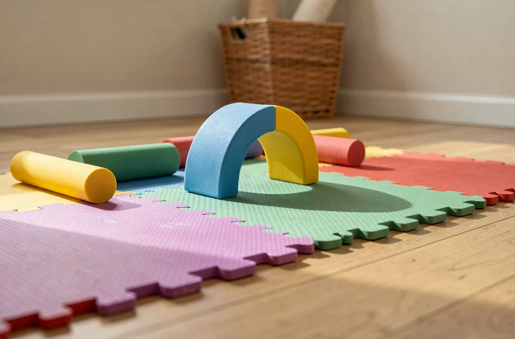 Parcours motricité bébé avec tapis en mousse et obstacles rembourrés sécurisés sans bords tranchants