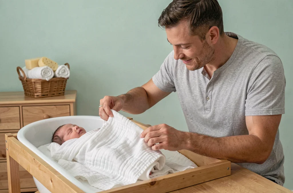 Père préparant son nouveau-né pour le premier bain sur une table à langer dans une chambre de bébé douce et apaisante
