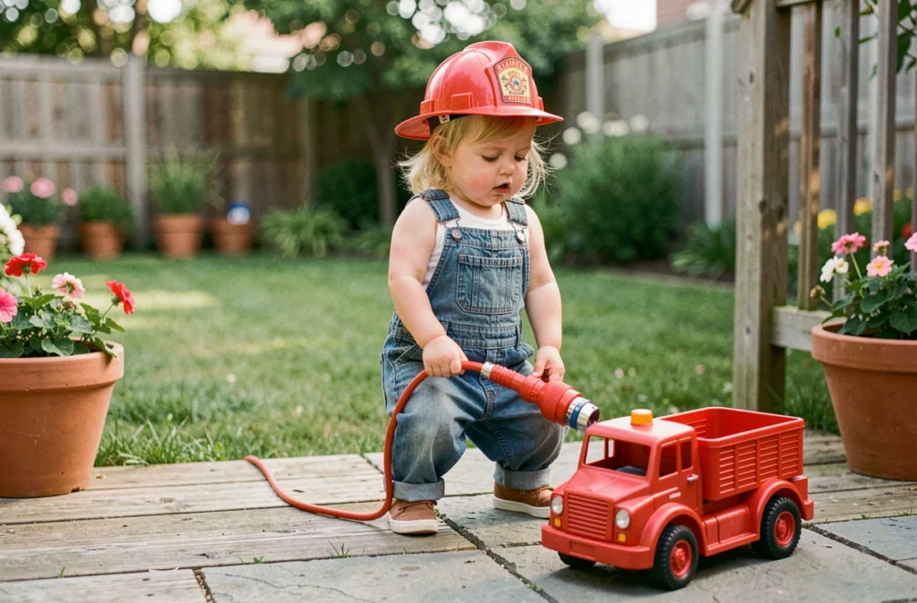 Petite fille en salopette portant un casque de pompier jouet et tenant un tuyau d'arrosage factice à côté d'un camion de pompier en plastique rouge dans un jardin extérieur