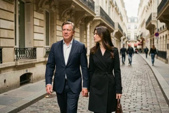 Philippe Gougler marchant discrètement avec sa compagne dans une rue parisienne, protégeant son anonymat