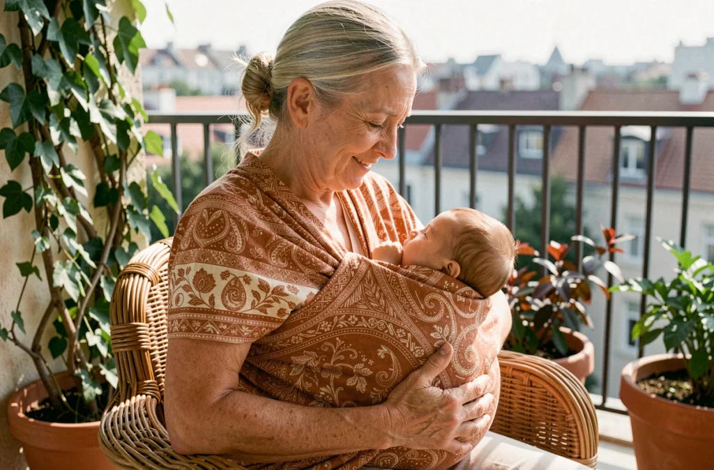 Grand-mère berçant son petit-enfant dans un sling en coton terracotta sur un balcon fleuri en ville