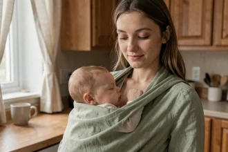 Mère portant son bébé endormi dans un porte-bébé en lin vert sauge dans une cuisine chaleureuse