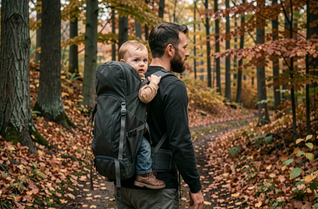 Père portant son bébé éveillé dans un porte-bébé ergonomique lors d'une randonnée en forêt automnale