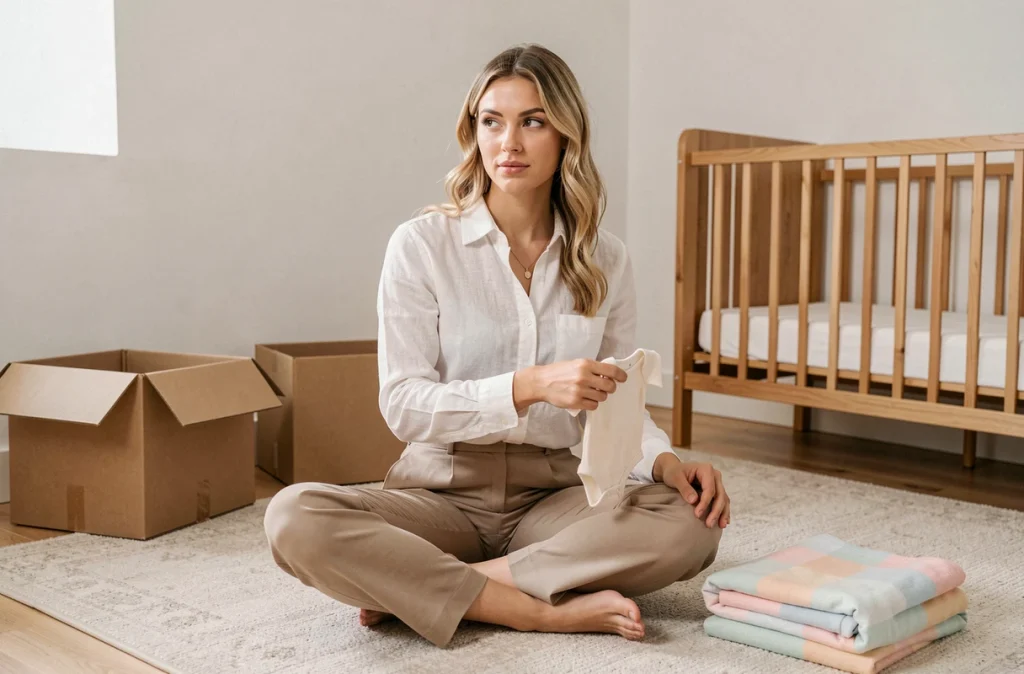 Jeune femme blonde assise dans une chambre de bébé en cours d'aménagement, tenant un body de nouveau-né avec une expression contemplative et sereine