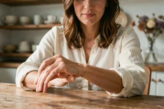 Femme essayant un bracelet fin en or sur son poignet à table en bois, ambiance chaleureuse et intimiste pour illustrer la prise de taille d'un bracelet pour marraine